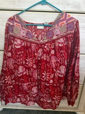 Rachel Zoe Red Floral Embroidered Peasant Top